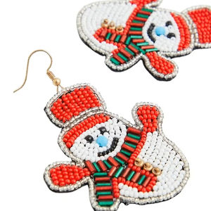Snowman Design white and <b>red</b> coloured seed beaded embroidered handmade <b>earring</b> for girls from India - Product Image 1
