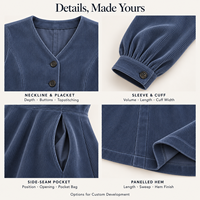 Robes décontractées pour femmes en velours côtelé, coupe trapèze, manches longues, col rabattu, évasées, couleur unie, personnalisables, faible MOQ, vente en gros OEM