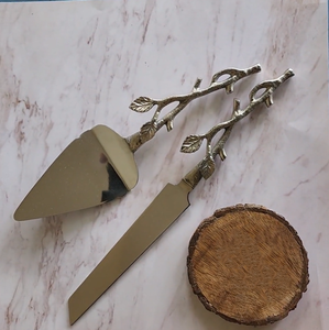 <b>Cake</b> Knife And <b>Cake</b> Server Knife With Leaf Design Handle In Brass Stainless Steel New Arrival For Birthday Event Wedding Parties - Product Image 4