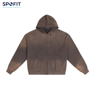 Custom Men Winter Zip Hoodie Sun Faded Vintage Design 100% Cotton 320 GSM Acid Wash Distressed Fleece Plain Dyed Eco-Friendly - Product Image 1