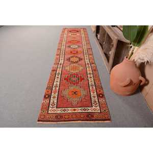 Tapis Kilim turc vintage 2,8x12.3 pieds rouge vert Patchwork laine Latex support Style classique pour entrée chambre 10mm d'épaisseur - Product Image 1