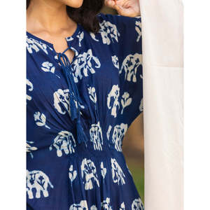 Elegant Malhar Indigo Chiffon Modal V-neck Fit Flare <b>Kaftan</b> <b>Maxi</b> Dress for Women - Product Image 4