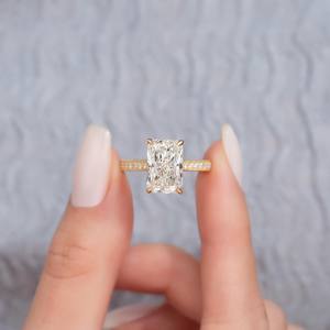 7x9mm Radiant Cut Diamond <b>Solitaire</b> Engagement <b>Ring</b> in Sterling <b>Silver</b> with 18K Gold Plated Pave Band | Elegant Bridal Jewelry - Product Image 1