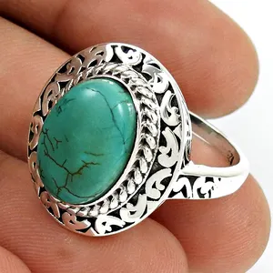 Bague en argent sterling 925 personnalisée, faite à la main, en pierre turquoise tibétaine, bijoux fins, fournisseurs de bijoux personnalisés en Inde - Product Image 1