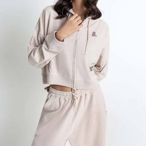 Nouveau hiver couleur unie 100% coton respirant Zip survêtement ensemble femmes debout avant lourd hiver sportif à capuche survêtement - Product Image 2