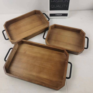 Bandeja de madera rústica rectangular al por mayor con asas de metal bandeja de madera para servir comida de té - Product Image 5