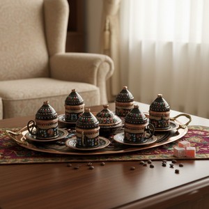 Oval <b>Cup</b> <b>Set</b> 6-Piece Copper Enamel Erzincan Oriental Design Style - Product Image 1