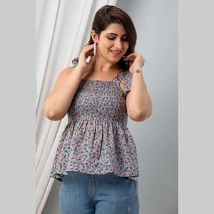 Camiseta sin mangas para mujer con diseño ahumado Camiseta estampada de algodón gris - Product Image 4