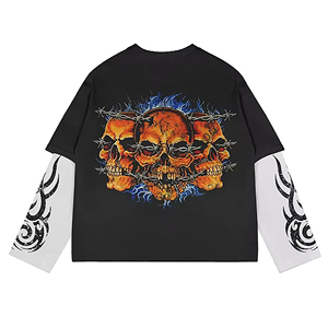 Ropa de calle personalizada 2025, camiseta de doble capa para hombre, Camiseta de algodón 220GSM de gran tamaño a la moda con estampado de calavera y llama de manga larga - Product Image 6