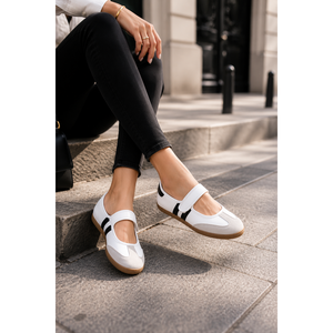 Bailarinas deportivas de velcro para mujer, de piel auténtica y ante, con plantilla de PU, blancas y negras, con diseño liso, sin cordones, para otoño, con una sola tira en la puntera. - Product Image 1
