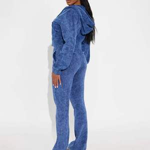 Ensemble de survêtement bleu pour femme, sweat-shirt à capuche à manches longues et pantalon avec poches latérales, coupe décontractée, design uni - Product Image 3