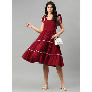 Vestido Deebaco para Mujer, Rojo, Vintage, de Rayón, Corte en A, con Volantes, Cuello Cuadrado, Sin Mangas, Largo Midi, Cintura Imperio, Estilo Occidental - Product Image 1
