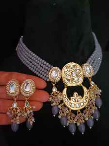 Indian Manufacturer's Gold Plated Kundan Choker Necklace Mother Pearl Multi-Color Zircon Custom-shaped Wedding Parties Bride's - Product Image 5