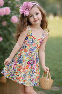 Children Girls Floral Print Sleeveless A-Line Cotton Dress Knee-Length Summer Cute Style Square Collar <b>Spaghetti</b> <b>Strap</b> - Product Image 2