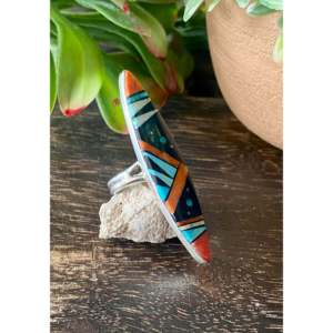 Navajo-Made Multi Stone & Sterling Silver Galaxy <b>Ring</b> Invisible Setting Free Size (<b>Adjusts</b> Size 7.75) Unique Number Shape Gift - Product Image 3