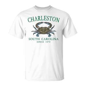 Camiseta promocional con diseño de cangrejo azul de Charleston, Carolina del Sur, desde 1670, con arco verde - Product Image 1
