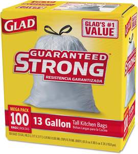 Bolsas de Cocina Altas con Cordón Glad 78526, 24 x 27 3/8, 13 galones, 0.95 mil, Blancas, 100 por Caja - Product Image 1