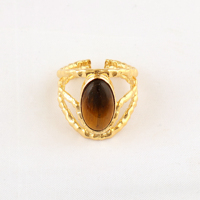 Bijoux de mode en gros, pierre précieuse naturelle, forme ovale, bague réglable, plaqué or 18 carats, texture de designer, anneaux à trois couches