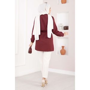 Camisa Borgoña con Cordones para Mujer, Detalle Acanalado, Cuello con Volantes, Estilo Chic Coreano para Primavera, Verano y Otoño, Talla XL - Product Image 4