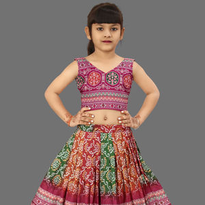 Ensemble Lehenga Choli Traditionnel Shoryam Fashion Bandhani Rose pour Enfants |   Robe longue pour filles, séchage rapide, pour Diwali, mariage, fête, 2-8 ans - Product Image 1