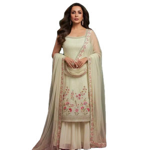 Shree Indian Exports – Magnifique ensemble trois pièces en lin brodé, style Bollywood, avec salwar kameez et dupatta assorti, idéal pour les fêtes - Product Image 1