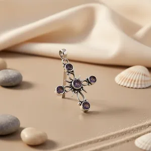 Colgante de Cruz de Plata de Ley 925 con Amatista, Amuleto Religioso con Gema Engastada, Joyería para Mujer, Símbolo Cristiano, Bañado en Plata - Product Image 3