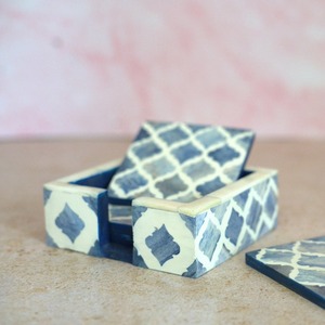 <b>Black</b> and White Striped Design Wooden and Inlaid Bone Round <b>Coasters</b> Set Tea <b>Coasters</b> Mats & Pads with Box for Drink Table - Product Image 1