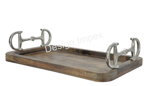 Petit déjeuner plateau de service en bois écologique grand affichage plateaux rectangulaires plateau en bois à la mode avec poignées de mors de cheval en équestre - Product Image 2