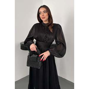 Vestido Negro de Mujer Elisa Fashion con Cintura Fruncida - Product Image 3