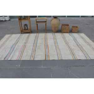 Alfombra Turca Grande de 5.2x10.7 pies, Alfombra de Lana Sólida Vintage Blanca y Azul - Product Image 3