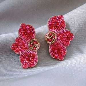Rosette Ember Bohemian Beaded <b>Stud</b> Earrings Trendy Religious Flower Drop Earrings Made of <b>Titanium</b> and Quartz for Parties - Product Image 2