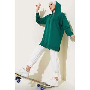 Túnica con capucha y media cremallera verde Sudaderas con capucha estampadas modestas - Product Image 1