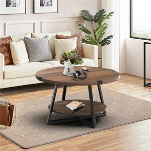 Table basse circulaire créative à double rangement, écologique, plateau en bois, cadre en fer, design moderne, mobilier de maison, coin unique - Product Image 3