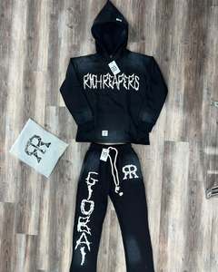 Conjunto de chándal personalizado para hombre, Sudadera con capucha de felpa francesa y pantalones de chándal, ropa de calle, chándal con serigrafía y lavado ácido desteñido al sol - Product Image 4