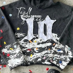 RAW HEM personnalisé hiver fermeture éclair Streetwear français éponge poids lourd Boxy recadrée lavage à l'acide applique en détresse brodé Patch - Product Image 2