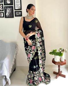 Bollywood Design Georgette Saree à la mode imprimé dessiné à la main belle blouse en viscose brodée pour les vêtements de mariage de fête des adultes - Product Image 5
