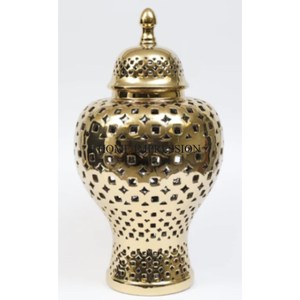 Gold Plated Most Fancy Unique Designer Metal Made <b>Ginger</b> Jar Table Centerpiece Dry Fruit & <b>Chocolates</b> Storage Container Supplies - Product Image 1