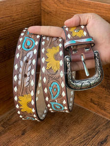 New Western Stylish Real Genuine Hand <b>Tooled</b> Leather Floral Paint Designer <b>Belts</b> High Quality Handmade Leather Unisex Waist <b>Belt</b> - Product Image 3