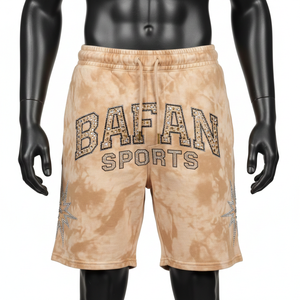 กางเกงขาสั้นผู้ชายผ้าฝ้ายฟลีซหนา 320 GSM สีแทนฟอกกรด สัมผัสนุ่ม ประดับด้วยคริสตัล พร้อมปักโลโก้ตามสั่ง - Product Image 6