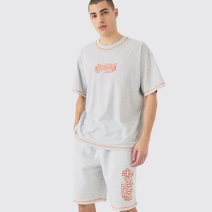 Camiseta y conjunto corto con apliques de punto de contraste de gran tamaño de alta calidad, conjunto de chándal para hombre con pantalones cortos y camiseta, conjunto de verano - Product Image 6