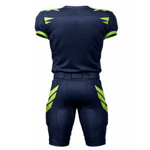 Ensemble d'uniformes de football américain professionnel bleu marine et néon, maillot de performance personnalisé avec graphisme d'ailes sublimé et pantalon rembourré - Product Image 2