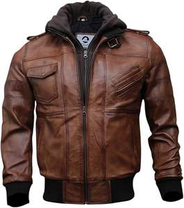 Blouson aviateur en cuir noir à capuche personnalisé 2024 pour homme, col montant de haute qualité, cuir d'agneau véritable ciré brun - Product Image 2