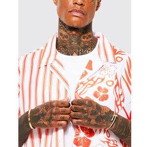 <b>Men</b> Apparel Professional OEM ODM Cuban Collar White and <b>Orange</b> Horizontal Striped Casual <b>Shirt</b> Best Price Wholesale Manufacture - Product Image 2