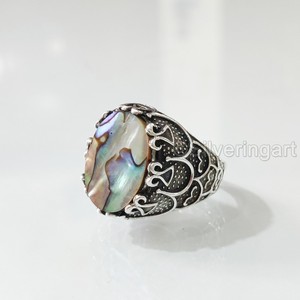Vente en gros de bagues pour hommes en forme de coquillage d'ormeau naturel et de pierres précieuses, toutes tailles, bijoux pour anniversaires arabes, bagues en argent sterling 925 - Product Image 2
