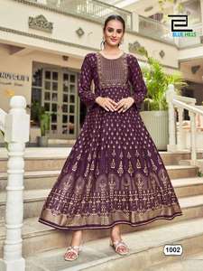 Elegant Embroidered Foil Print Sequins Anarkali <b>Kurti</b> Latest Designer Style Women's Wedding/Party Wear Stock Bulk Orders Welcome - Product Image 2