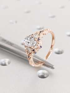 Oval Cut Lab Certified Rustic Engagement <b>Ring</b> Moissanite Sapphire Art Deco Leaf Twig <b>Ring</b> 925 Silver Gold Plated - Product Image 6