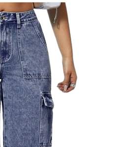 Jeans cargo à jambes larges bleu foncé pour femmes, pantalon en denim taille haute avec poches utilitaires, vêtements de rue décontractés, fournisseur OEM - Product Image 2