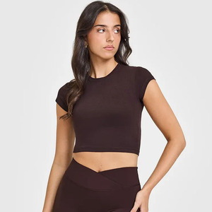 เสื้อยืดผ้าฝ้าย100% พลัมสีน้ำตาลคุณภาพพรีเมี่ยมสำหรับผู้หญิงเสื้อยืดออกกำลังกายในยิมแบบลำลองน้ำหนักเบาระบายอากาศมีสไตล์ - Product Image 1