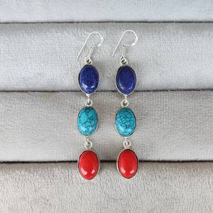 Pendientes Colgantes de Piedras Múltiples de Lapislázuli, Turquesa y Coral Rojo, Alambre para Oreja Chapado en Plata 92.5, Joyería Boho Hecha a Mano, Regalo - Product Image 3