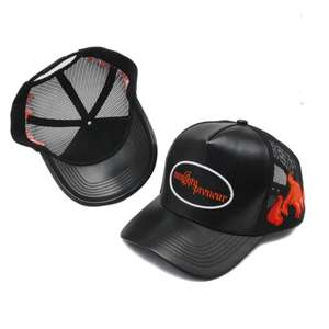 Personnalisation populaire en petites séries de casquettes de camionneur en cuir PU unisexe avec motif de flamme - Product Image 6